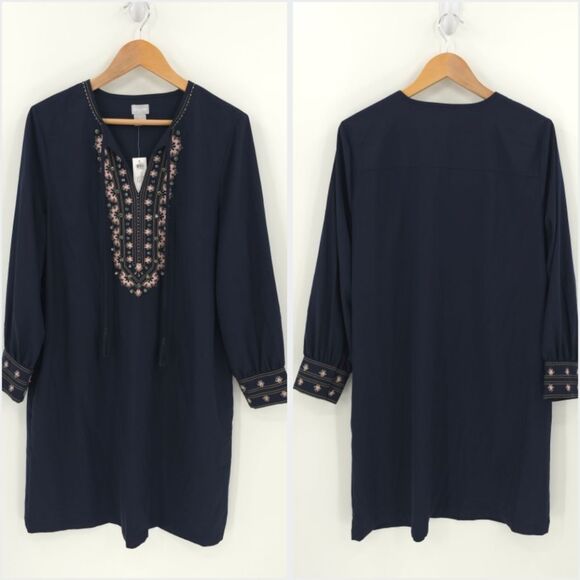 Chicos Embroidered Jeweled Shift Dress Navy Coral Pockets Modal Tassel Church - Picture 1 of 16